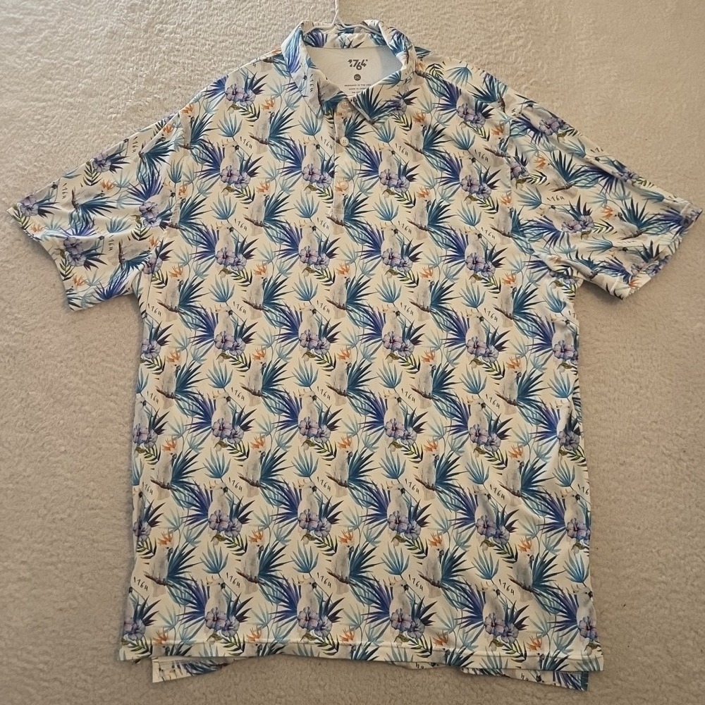 1764 Golf Polo Mens Size 2XL Tropical Hawaiian‎ Birds All Over Print Stretch